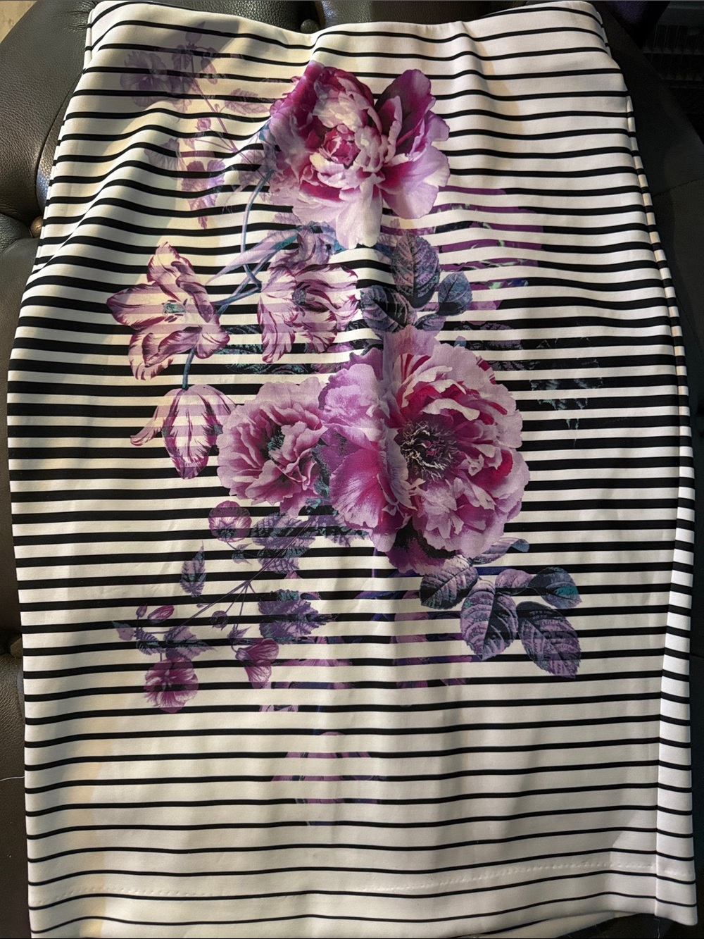 ECI Black & White Striped Pencil Skirt with Purple Floral Print